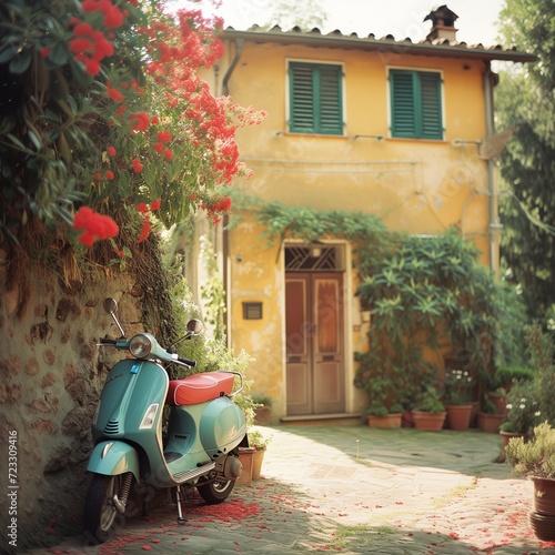 retro vintage   moped parked in front of an old italian villa