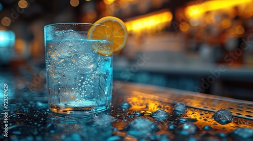  a close up of a glass of water with a slice of lemon on the edge of the glass and ice cubes on the bottom of the glass, with a blurry background.