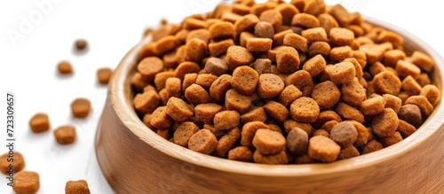 Closeup tasty dry dog food in a bowl isolated on a white background. AI generated image