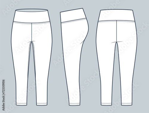 Capri Leggings fashion flat technical drawing template. Cropped Leggings Pants technical fashion illustration, front, side, back view, white, women, men, unisex Activewear CAD mockup set.