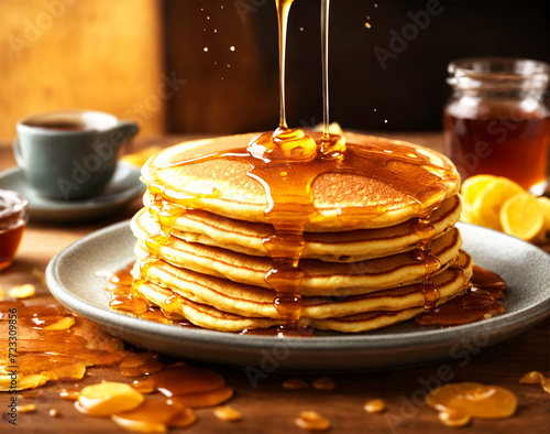 side view, a stack of pancakes with syrup dripping down the top