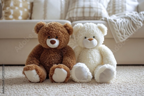 Closeup of two teddy bears one white and one brown sitting together on a carpet surrounded by pillows in a nursery room symbolizing friendship and togetherness