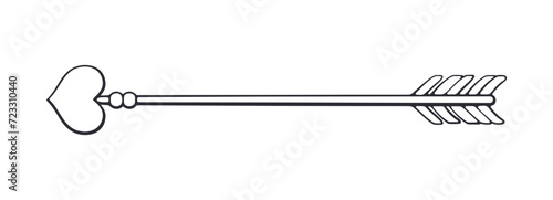 Outline of Decorated Cupid Arrow with a Heart Shaped Tip. Valentines Day Symbol. Vector Illustration. Hand drawn Doodle Clip Art. Design Element Isolated on White Background