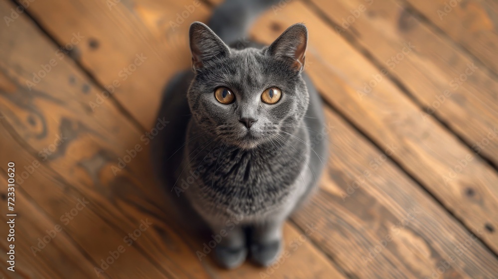  a gray cat sitting on top of a wooden floor next to a wooden floor with a black cat sitting on top of a wooden floor and looking up at the camera.