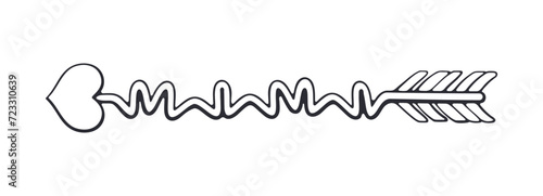 Outline of Cupid Arrow Curved by Swirls with a Heart Shaped Tip. Valentines Day Symbol. Vector Illustration. Hand drawn Doodle Clip Art. Design Element Isolated on White Background