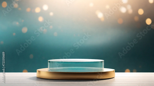 Round crystal podium on the blue bokeh background 3d render