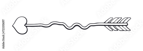 Outline of Cupid Arrow Curved by Waves with a Heart Shaped Tip. Valentines Day Symbol. Vector Illustration. Hand drawn Doodle Clip Art. Design Element Isolated on White Background