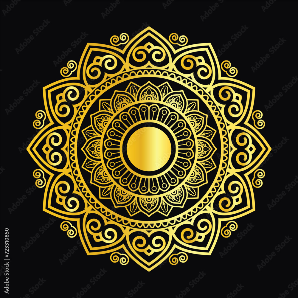 Luxury mandala design black background in gold color