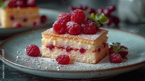  a piece of cake with raspberries and powdered sugar on a plate next to a slice of cake with raspberries and powdered sugar on top.