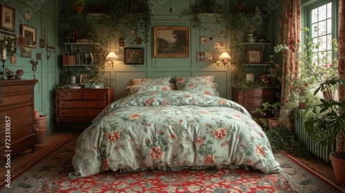  a bed room with a neatly made bed and lots of plants on the wall and a rug on the floor with a rug on the floor and a rug on the floor.