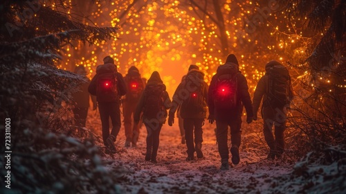  a group of people with backpacks walking through a forest at night with red lights on their backpacks and backpacks on their backs  in front of them are snow - covered trees.