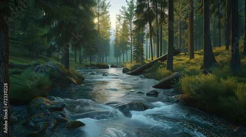 An artistic rendering capturing the essence of a babbling stream winding its way through a verdant, sunlit forest in the early morning photo