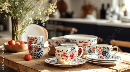  a wooden table topped with lots of cups and saucers next to a vase filled with red and blue flowers and a plate with a piece of cake on it.