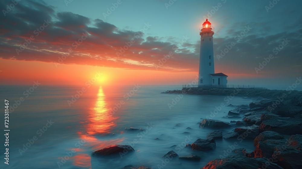  a light house sitting on top of a cliff next to a body of water with the sun setting in the sky over the water and a body of water with rocks in the foreground.