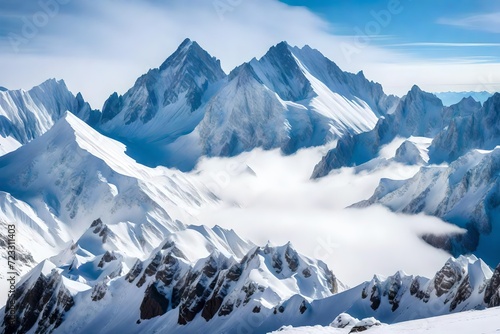 A majestic view of snow-covered mountain peaks rising above the clouds. The stark contrast between the white snow, blue sky, and rugged terrain creates a striking backdrop © Malik