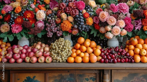  a table topped with lots of different types of fruits and flowers next to vases filled with oranges  apples  grapes  and other fruits in front of different colors.