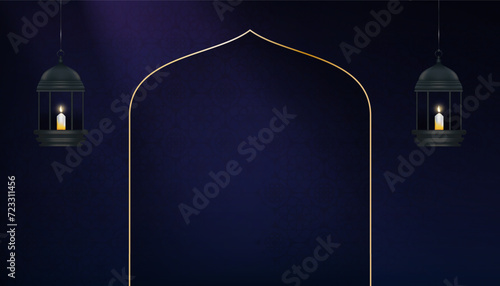 Ramadan Background,Islamic lantern with Window gold frame decoration on Arabic pattern in blue background,Vector studio background for Eid al fitr,Eid al Adha,Eid Mubarak,Muharram card