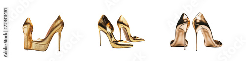 Stiletto high-heel glamour feminine GOLDEN shoes. Set of high heel pairs in various angles, models and shapes. Isolated transparent PNG background. Premium flawless pen tool cutout. 