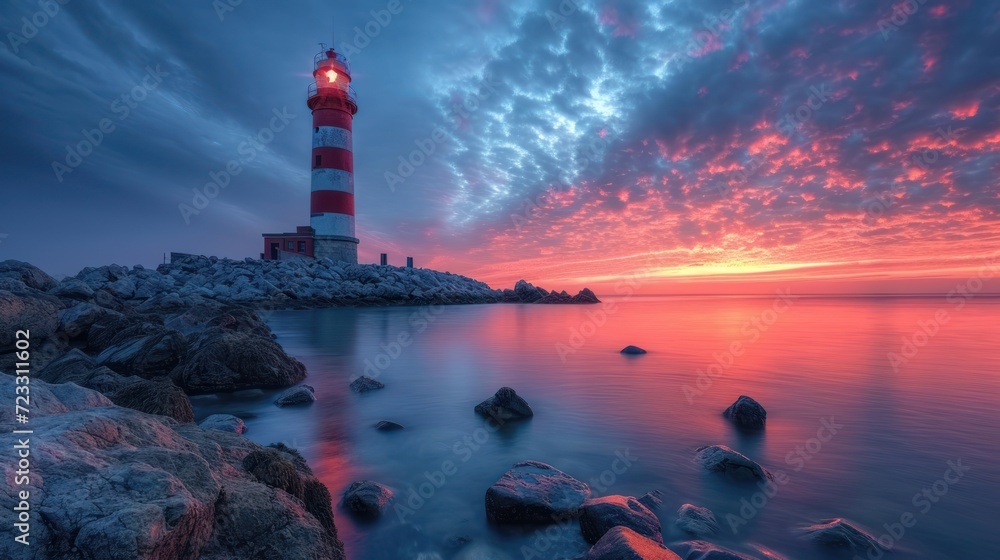  a red and white light house sitting on top of a rocky shore next to a body of water under a cloudy blue and red sky with white cloud filled sky.