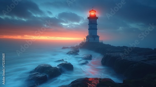  a light house sitting on top of a rocky cliff next to a body of water with a red light in the middle of the light house on top of it.