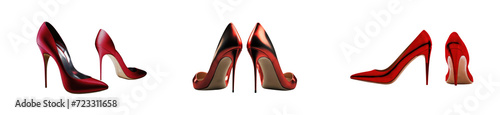 Stiletto high-heel glamour feminine RED shoes. Set of high heel pairs in various angles, models and shapes. Isolated transparent PNG background. Premium flawless pen tool cutout. 