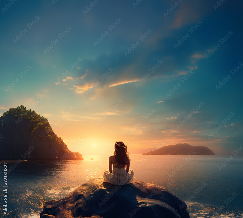 young woman in a white dress sits on a stone by the sea in a meditation pose at sunset alone and looks at the sunrise