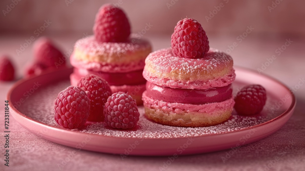 a pink plate topped with a pile of raspberry shortcakes covered in powdered sugar and topped with raspberries on top of a pink cloth. a pink plate topped with a pile of raspberry shortcakes covered in powdered sugar and topped with raspberries on top of a pink cloth.