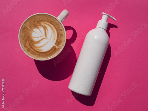 White pump bottle mockup with latte on pink background