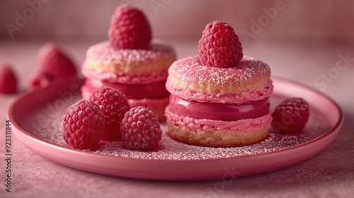  a pink plate topped with a pile of raspberry shortcakes covered in powdered sugar and topped with raspberries on top of a pink cloth.