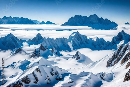 A majestic view of snow-covered mountain peaks rising above the clouds. The stark contrast between the white snow, blue sky, and rugged terrain creates a striking backdrop © Malik