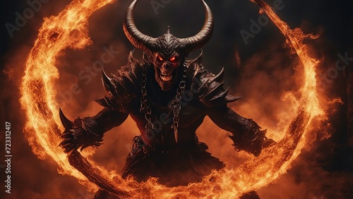dragon devil in the fire A monstrous demon with flaming horns and wings rises from the depths of hell. He has a wicked grin 