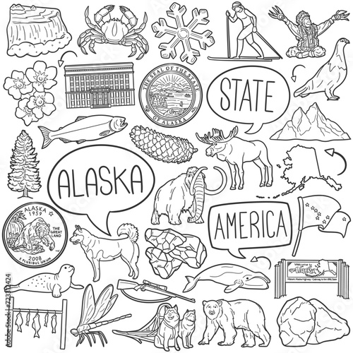 Alaska State Doodle Icons Black and White Line Art. Alaskan Clipart Hand Drawn Symbol Design.