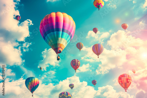 Create a whimsical and enchanting scene of a hot air balloon festival  with colorful balloons floating in the sky and filling the atmosphere with joy