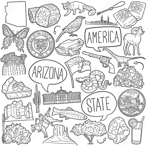 Arizona State Doodle Icons Black and White Line Art. United States Clipart Hand Drawn Symbol Design.