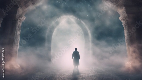 person in the fog highly intricately photograph of A creepy digital art creation using an altered photo of a real demon at a gate