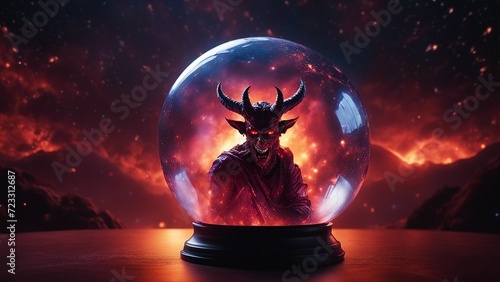 dragon in the night highly intricately photograph of Scary portrait of a devil figure in hell background inside a glass ball 