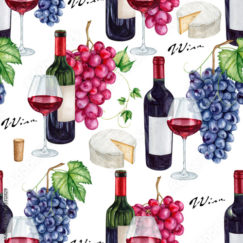 Watercolor wine story seamless pattern