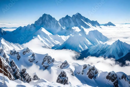 A majestic view of snow-covered mountain peaks rising above the clouds. The stark contrast between the white snow, blue sky, and rugged terrain creates a striking backdrop