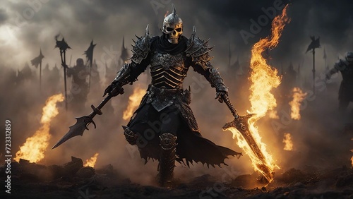 fire in the forest A burning demon skeleton knight who has been resurrected by a necromancer and is leading an army 