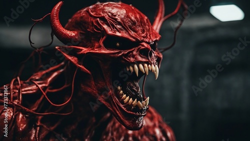 red dragon devil mask A devil scream character as a red demon or monster screaming with fangs and teeth   photo