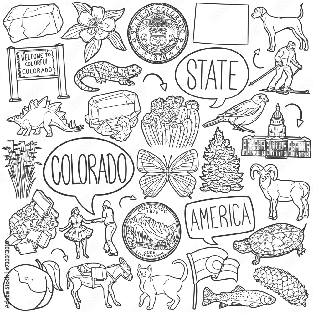 Colorado State Doodle Icons Black and White Line Art. United States Clipart Hand Drawn Symbol Design.