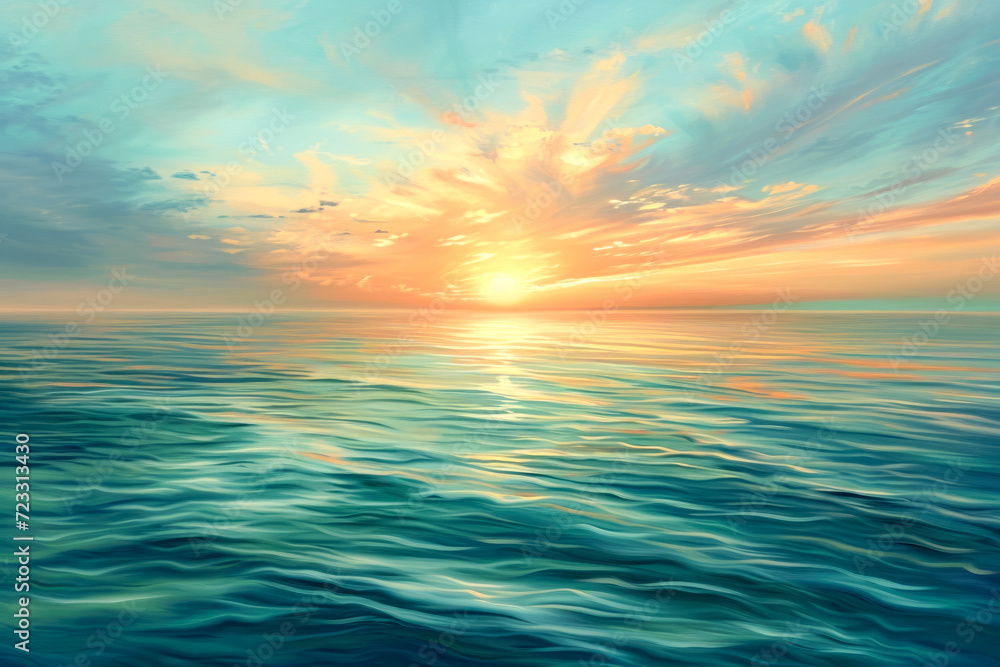 Generate a peaceful and uplifting painting of a breathtaking sunset over a calm ocean