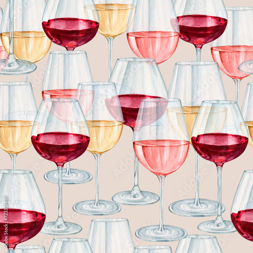 Watercolor wineglasses seamless pattern