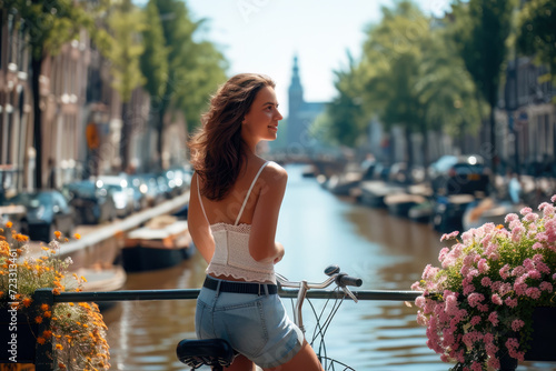 Young woman on a bicycle in the Netherlands photo