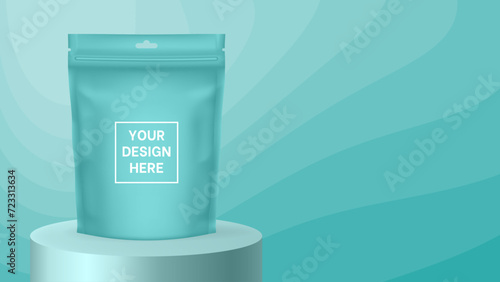Zip bag or pouch mockup on a aquamarine green abstract background. Wavy pattern and gradient shades. Vector illustration with editable colors. Product display. Foil bag, plastic sachet
