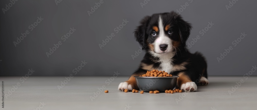 Cute Bernese puppy eats kibble from a bowl Cute Bernese puppy eats kibble from a bowl