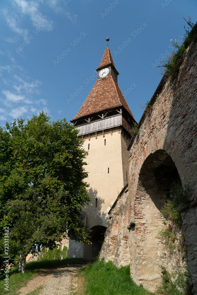 One of the towers of Biertan fortified saxon church, Unesco World Heritage site, in Biertan village, Transylvania, Romania, Europe. Romania.