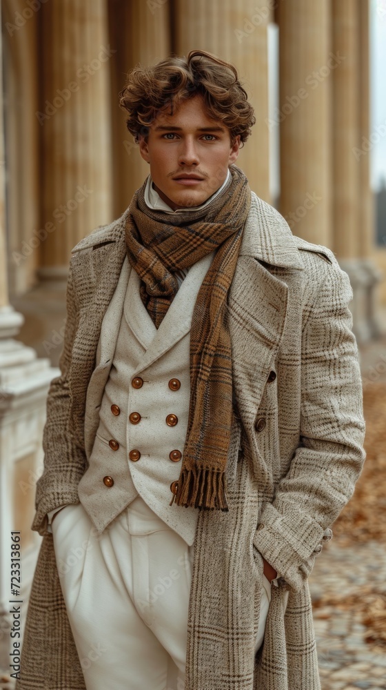 a man in a trench coat and scarf standing in front of a columned ...