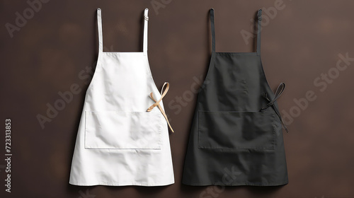 Black and white apron mockup on dark background. Fashionable concept.