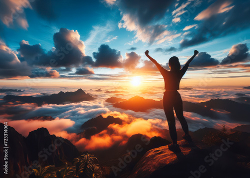 Silhouette of a man on top of a mountain, concept of success and travel